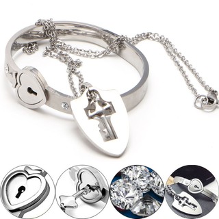 xi*Couple Titanium Steel Lock Bangle Bracelet & Key Pendant Necklace Love Sets Gift