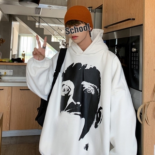 Unisex Fashion Hip Hop Big Face Printed Hoodie For Men Korean Style Oversize Plus Size Streetwear High Street Hoodie For Women Student Youth Fashion Trend All-match Comfortable Warm Couple Tops