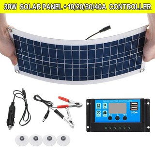 Flexible 12V 30W Dual USB Solar Panel+ 40A Solar Charger Controller For Battery Cell Phone Charger with Battery Clip