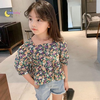 YESBABY Girl Princess Shirt Korean Summer Cacual Square Neck Bubble Sleeve Floral T-shirt