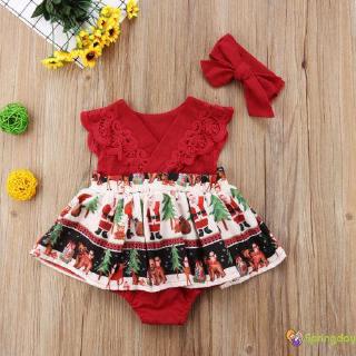 ★HZLStylish Christmas Santa Newborn Baby Girls Red Lace Xmas Party One Piece Romper Dress
