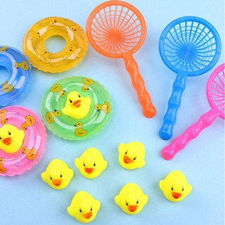 【5pcs/set】Mini Swimming Rings Rubber Yellow Ducks Fishing Net Cute Floating Baby Bath Toys