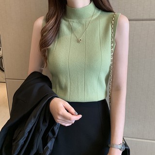 Women Solid Half Turtleneck Casual Knitted Sleeveless Vest T-Shirt