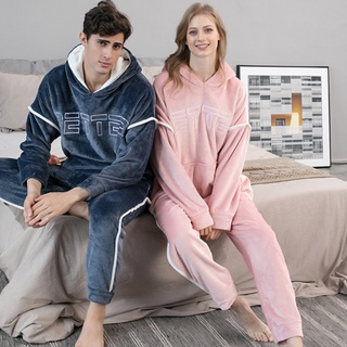 2021 New Hooded Flannel Men's Pajama Pants 2 Pieces/Set Winter Thick Warm Sleepwear For Couples Casu