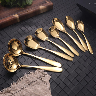 304 Stainless Steel metal gold soup rice spoon kitchen dining serving round spoon