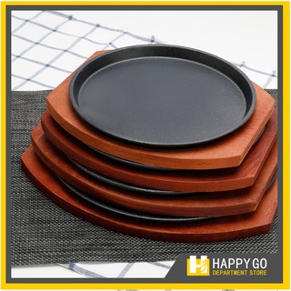 Happy Go 555 Cast Iron Steak Fajita Sizzling Platter Plate BBQ Grill Pan Cooking Wooden Holder (1)