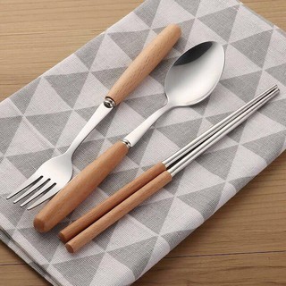 3pcs Stainless Steel Spoon and Fork Cutlery Set Wooden Handle with Spoon Fork Case