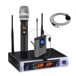 UHF Wireless Microphone System with One Handheld Mic and One Lapel Headset Mic,Over PA, Mixer, Speaker, Karaoke Machine