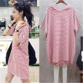 【Plus Size/40-150KG/2Colors】Oversized Korean Style Women Plus Size Striped Hooded T-shirt Short Sleeves BIg Loose Summer Plus Size Tee Maternity Pregnancy T-shirt Round Neck Casual Top Fashion Big Size Medium-Long Length T-shirt