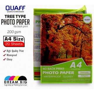 QUAFF A4 PHOTO PAPER WATERPROOF GLOSSY 200gsm (20sheets/pack) no back print