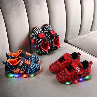 COD Ready Stock Size 21-36 LED Spiderman Light up Shoes for Boys Korean Style Cartoon Sneakers