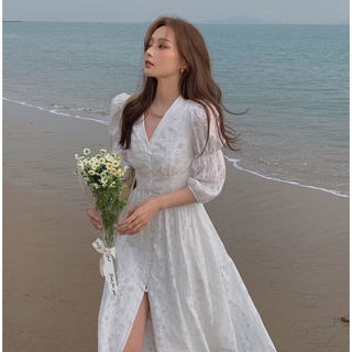 French Romantic Long Sleeve Elegant Dress Waist Slimming White Fairy Skirt Summer New