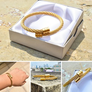 24k Bangkok Gold Twisted Cable Bangle (Free Gift Box) Womens Bracelet Stainless Steel