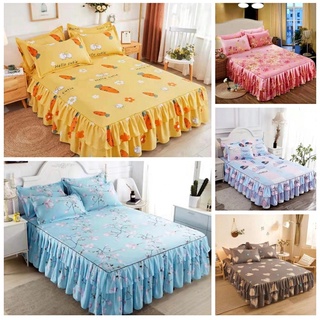 (COD)1 Double bed antiskid bed skirt bed cover skirt 3in1 bed skirt + two pillowcases