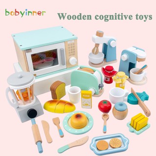 Babyinner Wooden Toys Children Simulation Kitchen Toys Set Baby Wooden Toy Prentend Play Small Appliances Series Early Childhood Educational Toys Bread Maker Coffee Machine Juicer Blender Oven Mixer Salad Waffle Maker (1)
