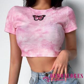 ❀DEM☞Fashion Women Tie-dyed Crop Top Short Sleeve Embroidery Butterfly Slim