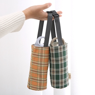 Grid Water Cup Protective Case Travel Bottle Insulation Bags Holder Portable Cotton Linen Bag (8)
