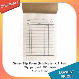 Order Slip Form Triplicate x 1 Pad