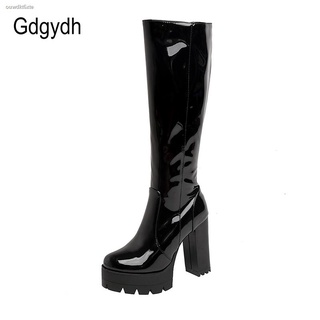Spot goodsGdgydh Patent Leather Platform Long Boots Gothic Black White Fashion Square Heel Knee High (1)