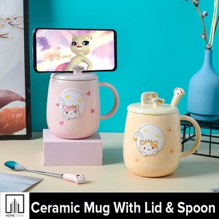 Home Zania Cute Simple Creative Cat With Spoon Holder Cap Mark Water Cup Large Capacity
