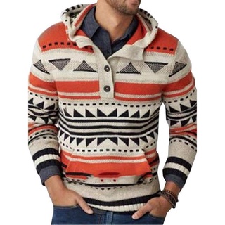 Men's Casual Sweater Men Pullover Printed Botton Pocket Clothing Spacious Hooded Long Sleeve Streetw