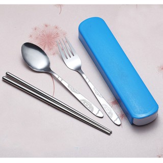 (One Set) Stainless Spoon and Fork Set With Chopsticks and Case