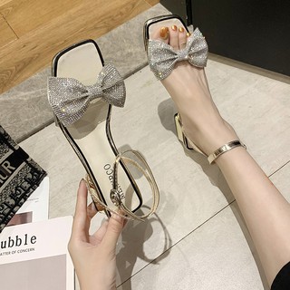2021 summer new fashion mid-heel bowknot rhinestone ins thick heel fairy style open-toe buckle sandals women