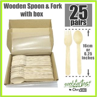 25 pairs Wooden Spoon & Fork Disposable 16cm with box