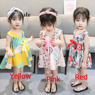 Baby Kids Girls Floral Leaf Print Bow Dresses