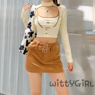 W[]-Women Casual Two-piece Clothes Set, Beige Embroidery Suspender Tops + Long Sleeve Pullover