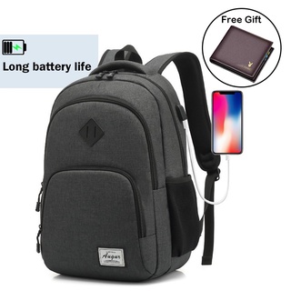 AUGUR Black laptop waterproof backpack with USB interface charging data cable men's bag