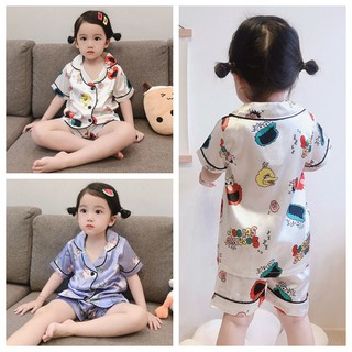 【Superseller】Ready Stock Baby Terno Pajama For Kids Boys Girls Short Sleeve Blouse Tops+Shorts Silk Sleepwear Set 1-6 Years Old