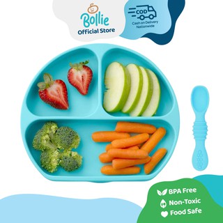 Bollie Baby Silicone Divided Suction Plate with Self-Feeding Spoons with Gum-Friendly Teethers