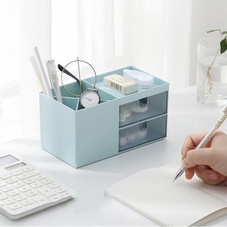 ☎Desktop Storage Box Pen Holder with 2 Drawers Stationery Cosmetics Makeup Brushes Holder Sundries O